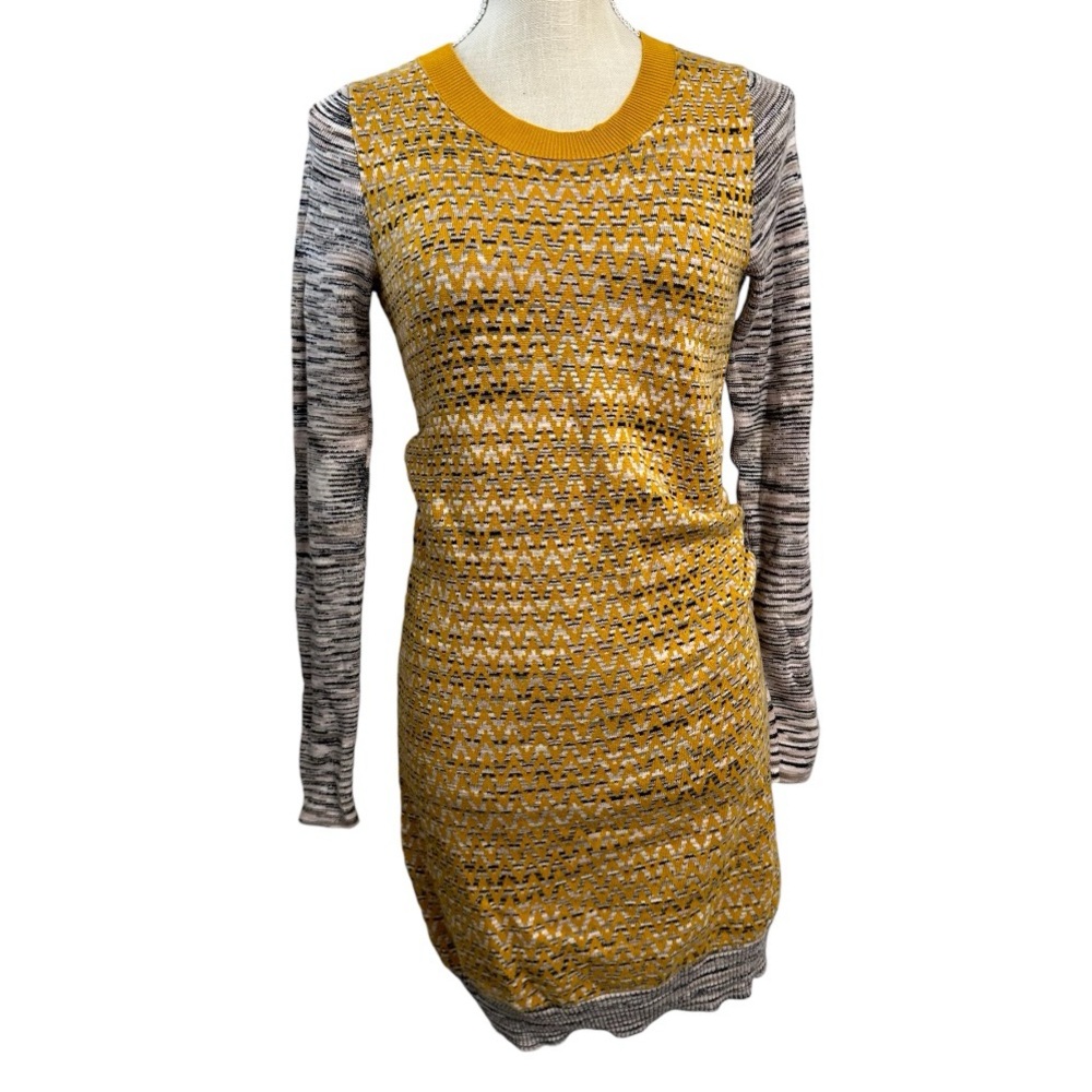 French Connection Sweater Dress Jag Stripe Long Sleeve Tunic Yellow Gray